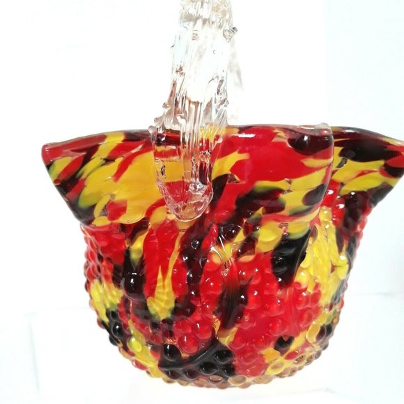 1920s Czech Art Glass Basket FRANZ WELZ Twisted Thorn Loop Red Yellow Black BOHO - Picture 8 of 12